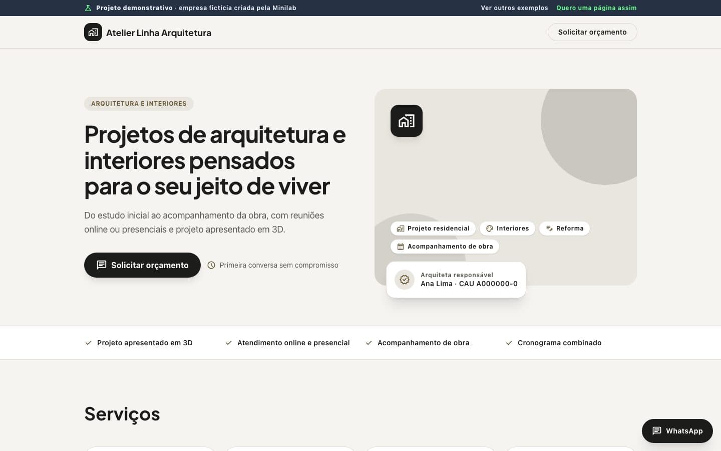 Exemplo de landing page de escritório de arquitetura no computador (empresa fictícia)