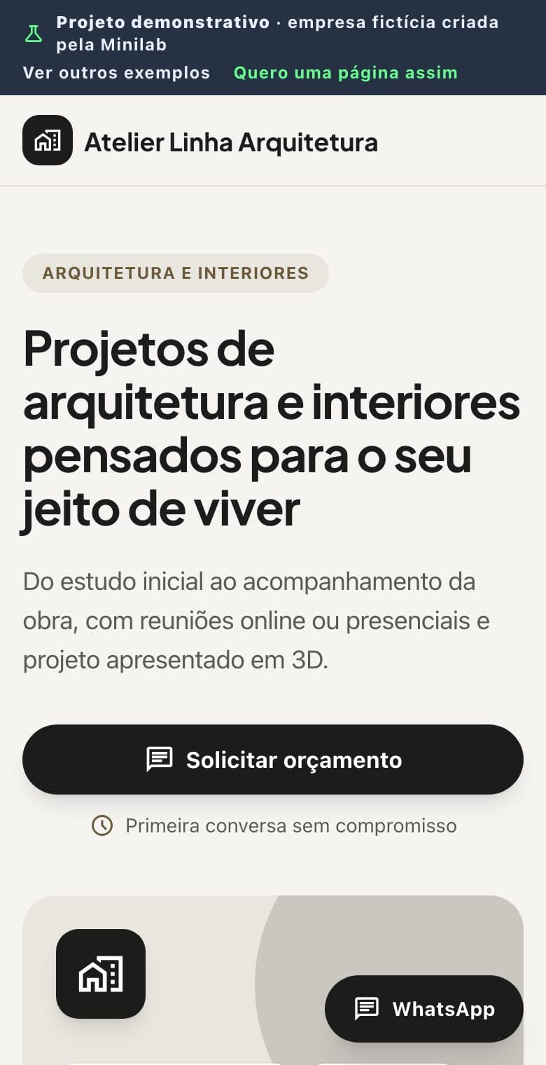 Exemplo de landing page de escritório de arquitetura no celular (empresa fictícia)