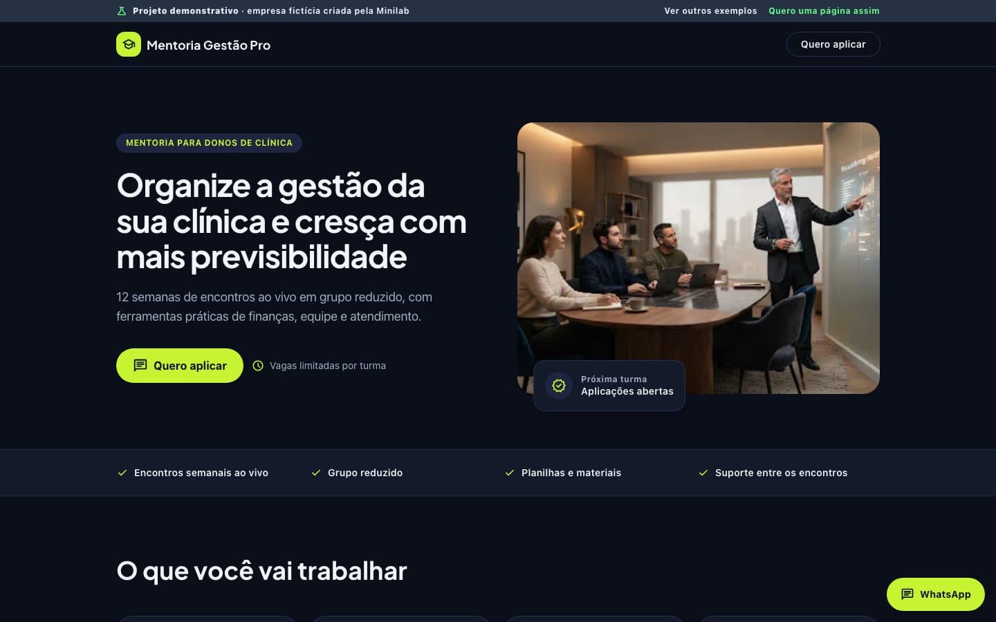 Página demonstrativa de mentoria criada pela Minilab, vista no computador e no celular