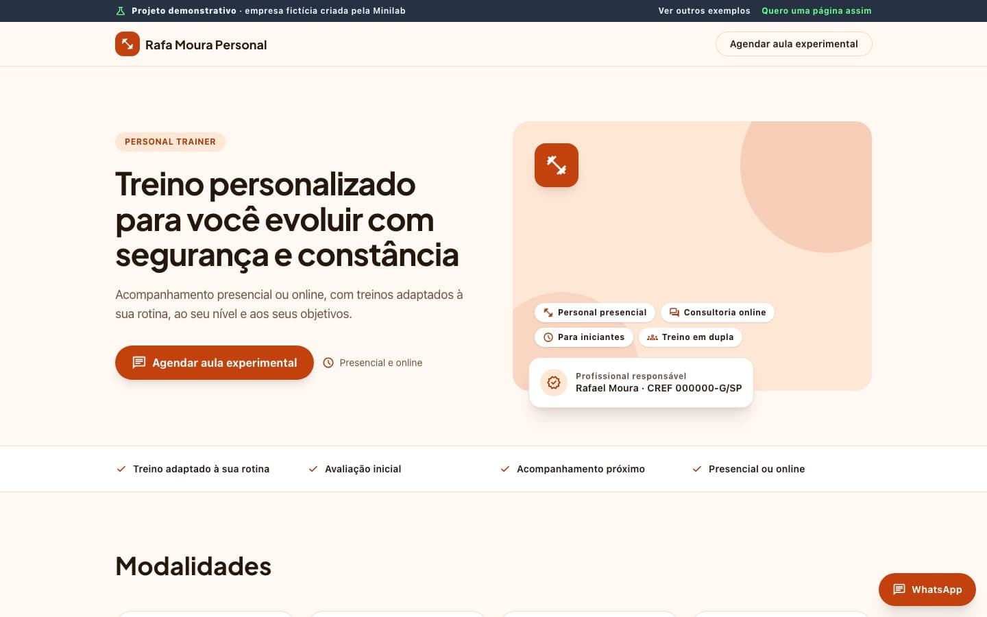 Exemplo de landing page de personal trainer no computador (empresa fictícia)