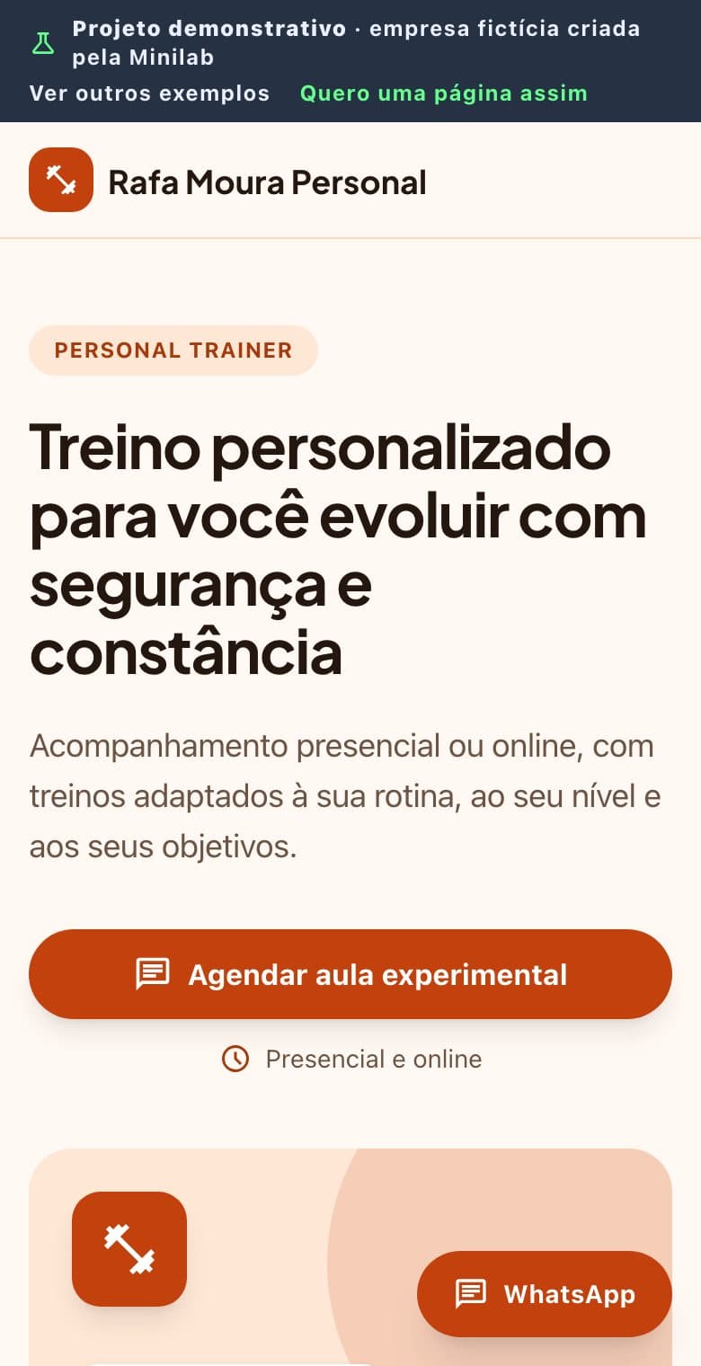 Exemplo de landing page de personal trainer no celular (empresa fictícia)